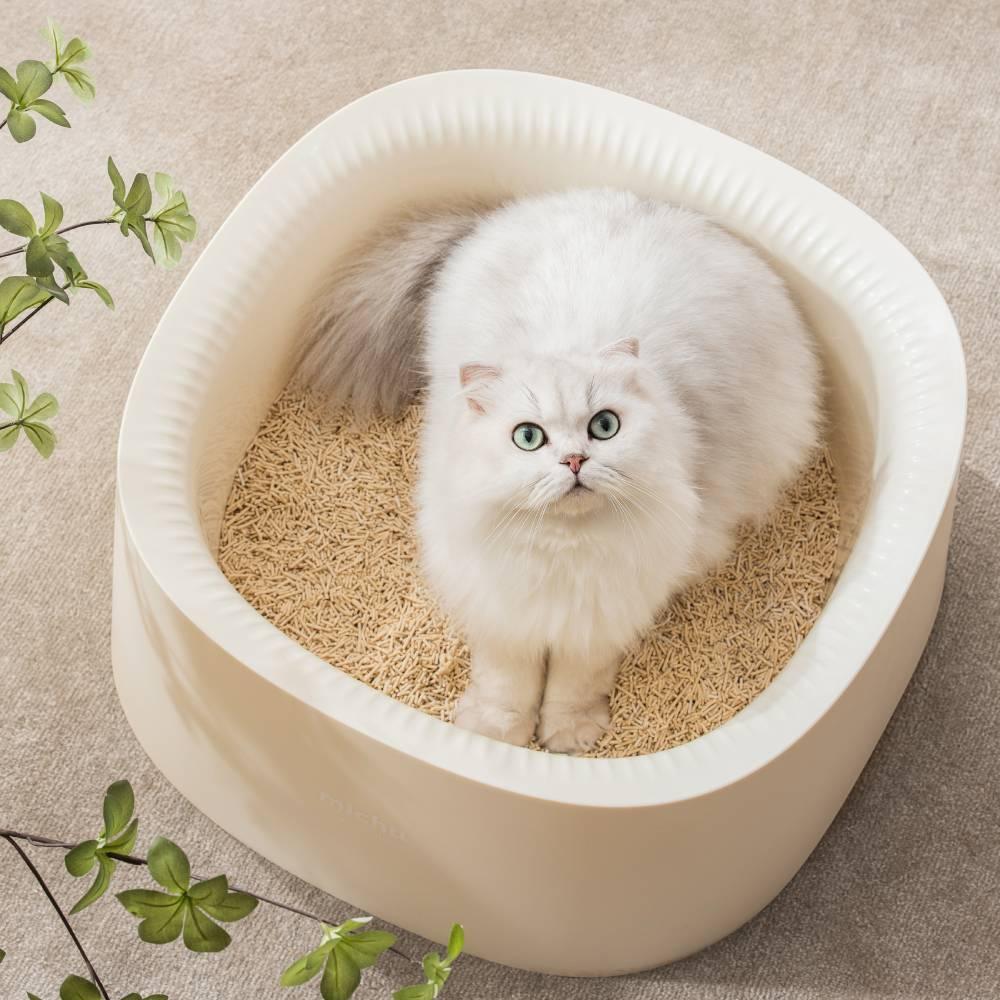 High-Edge Extra Large Cat Litter Box Cream White, Open Style