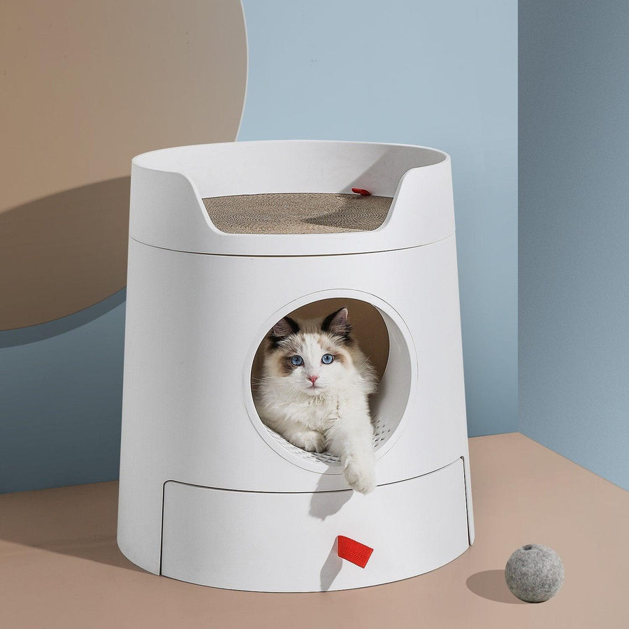 Michupet XL Castle 2-in-1 Cat Litter Box with Scratch Basin & Scoop Included, White - MichuPet