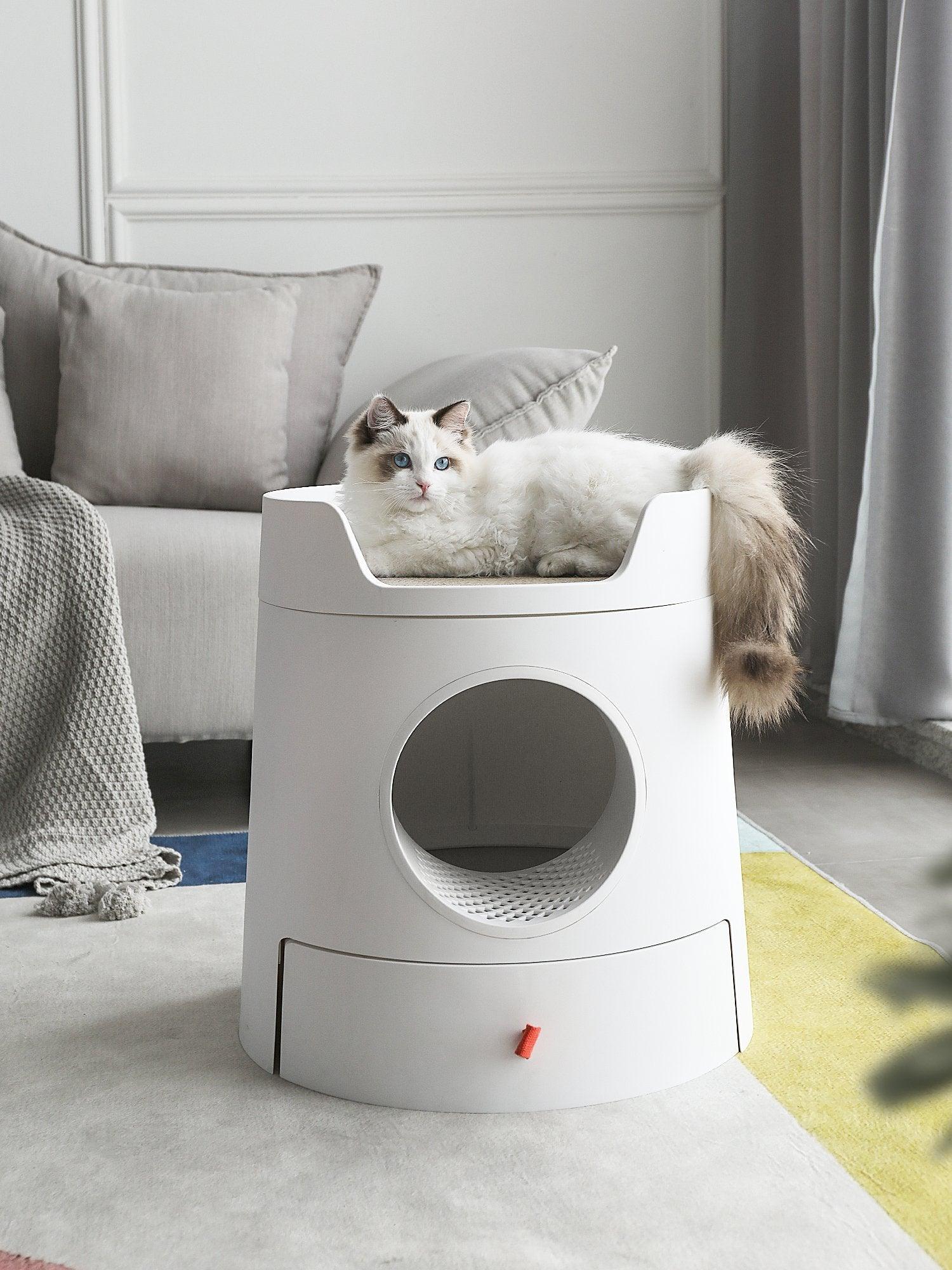 White XL 2-in-1 Cat Litter Box - Semi-Closed with Scratch Basin
